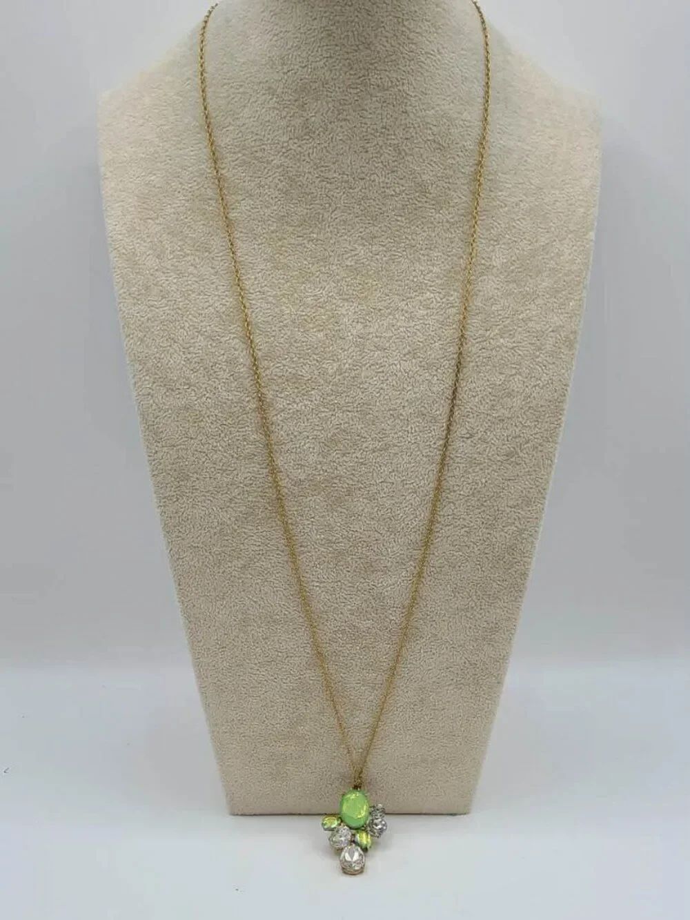 J Crew Delicate Gold Tone Green Clear Crystal Cluster Long Pendant